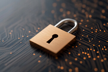 Golden padlock on circuit board, symbolizing digital security. Protection against cyber threats with advanced encryption technology. Digital data privacy is key.