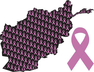Afghanistan map filled with pink ribbon icons for cancer awareness design