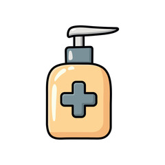 Hand-drawn doodle illustration of a disinfectant or sanitizer bottle with a pump in flat vector style. Perfect for hygiene, healthcare, cosmetic, and safety design projects.