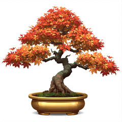Vibrant bonsai tree with fiery orange leaves in a golden pot, symbolizing autumn's beauty and tranquility.