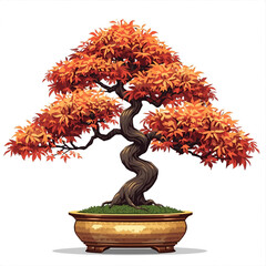 Vibrant autumn bonsai tree with fiery orange leaves in a decorative pot