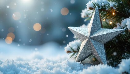 Silver star on a snowy frosted Christmas tree, snow, rustic
