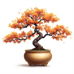 Vibrant autumn bonsai tree with fiery orange leaves in a golden pot, a symbol of tranquility and nature's beauty.