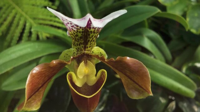 Closeup view of an orchid flower blossom with a parallax pan in a shade garden in spring