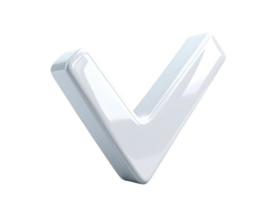 Glossy, white, three-dimensional check mark icon against a stark black background