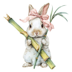 Cute rabbit with a pink bow holding bamboo in a cheerful watercolor style