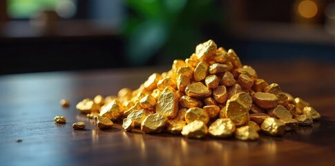 A gleaming pile of gold nuggets sits on a dark wooden table, representing the high cost of top talent acquisition  This image evokes the valuable nature of skilled employees ,  valuable,  prosperity