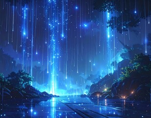 Enchanting digital artwork of a celestial waterfall over water