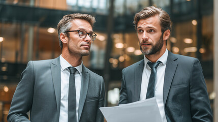 Two businessmen discussing a project. Two serious caucasian men in suits discussing or planning business issues