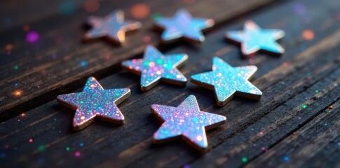 Small, holographic star stickers on dark wood, sticker, tiny