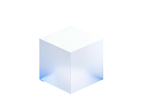 Isolated, semi-transparent, three-dimensional cube with soft light and sharp edges on black