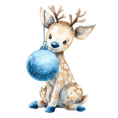 Cute deer with antlers holding a blue ornament in a joyful watercolor style for festive celebration
