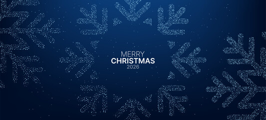 Merry Christmas 2026 text with blue glitter snowflake on dark background. Holiday winter season greeting card design element.