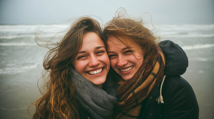 Two joyful women embracing on a breezy beach, their laughter echoing the waves. Windswept hair and warm scarves hint at shared stories and deep connections against a seascape backdrop