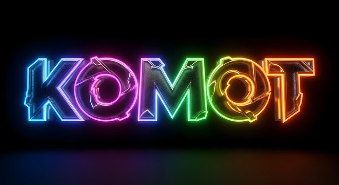 Komot neon sign with glowing multicolored lights on a black background surface reflection