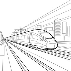 Modern high speed train traveling on tracks towards city skyline
