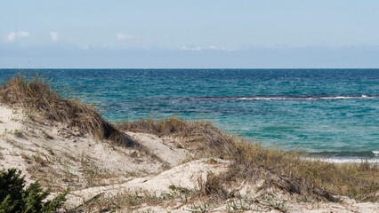 Coastal landscape with sand dunes and sea view on a sunny day, natural vegetation in the foreground and turquoise blue water under a clear sky.