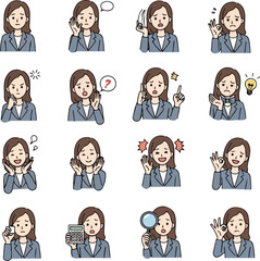 16 Female Character Facial Expressions and Gestures – Emotion Icon Vector Set