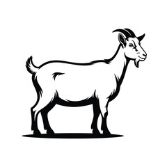 Black and white illustration of a standing goat in profile