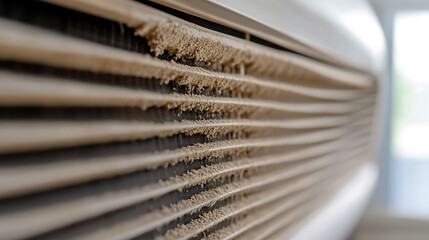 Extreme closeup of an air conditioner covered in dust. The horizontal slats are coated, showcasing the need for maintenance and cleanliness of air conditioning systems.