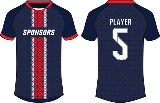 Sports jersey t shirt design concept vector template, Paris pattern Raglan Round neck tees football jersey concept with front and back view for Cricket, soccer, Volleyball, Rugby uniform