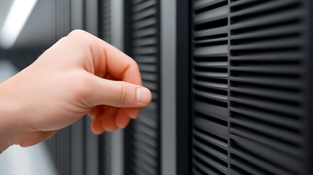 Close-up view of a hand interacting with a server rack, highlighting the human-machine interface in a data center environment.  Focus on connectivity and control.