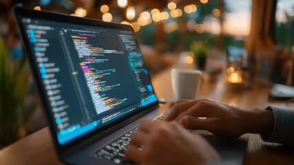 Dynamic coding session showing fast-paced software development on laptop in cozy environment, ideal for tech startups and remote work promotions - Powered by Adobe
