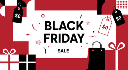 Naklejka premium Modern Black Friday Sale banner template with geometric shapes shopping bag and price tags