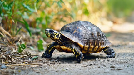 Obraz premium A turtle walking on a dirt path with green vegetation in the background.