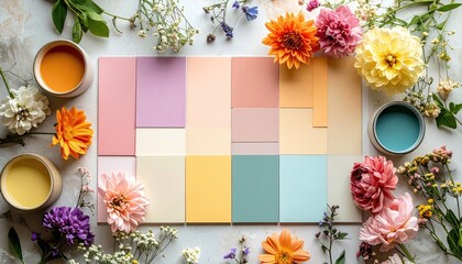 Colorful Paint Swatches Arranged With Fresh Flowers And Small Jars Of Paint On A Textured Surface