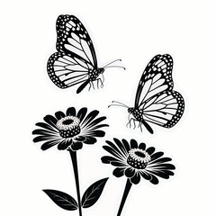 Monarch butterflies and zinnia flowers black and white illustration