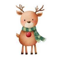 Obraz premium Cute deer with antlers wearing a green scarf and red ornament stands cheerfully in a whimsical watercolor style