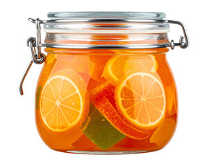 Jar filled with sliced citrus fruit in a vibrant orange, translucent liquid