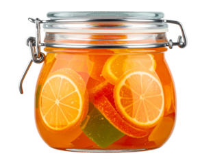 Jar filled with sliced citrus fruit in a vibrant orange, translucent liquid
