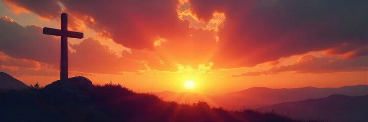 Fototapeta premium A single, glowing cross silhouetted against a dramatic sunset sky; symbolizing hope, redemption, and faith Perfect for religious, spiritual, or Easter themes , jesus, spiritual growth