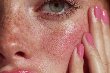 Woman touching cheek, showing sensitive skin, freckles, and redness