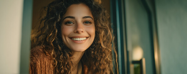 Cheerful young woman with curly hair smiles warmly, opening door to greet visitor at modern house entrance. Welcoming homeowner invites guest inside contemporary home, new beginnings, real estate