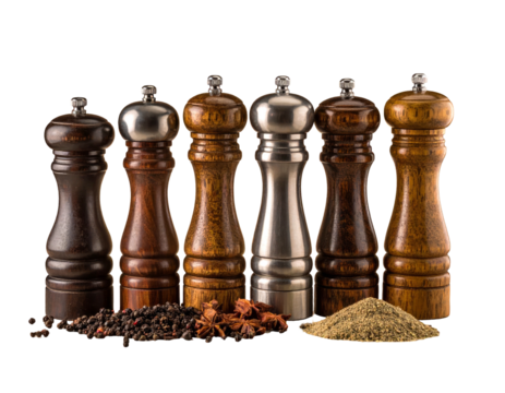 Six wooden and metallic grinders with spices, on black, highlighting culinary elements