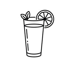 Simple line drawing of a tall glass of refreshing drink with lemon and mint