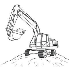 Line drawing of a wheeled excavator digging a pile of dirt