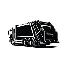 Black and white illustration of a modern garbage truck