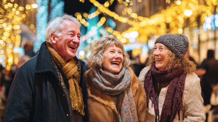 Obraz premium Vibrant seniors enjoying the festive season under glowing lights in a city street decorated for Christmas with genuine laughter and warmth of deep-rooted friendships