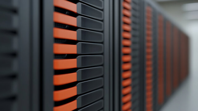 Close-up of a server rack featuring black casings with orange accents, symbolizing data storage and computational power in a modern, minimalist data center environment.