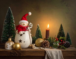Festive snowman with festive decor and lit candle