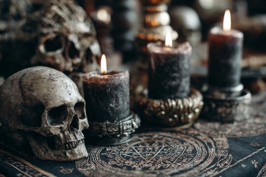 Skulls and lit candles creating mystic occult atmosphere