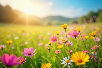 Obraz premium A vibrant, sun-drenched field of wildflowers swaying gently in the breeze, embodying carefree springtime joy The image evokes a feeling of lightness and freedom , happy, airy, wildflowers