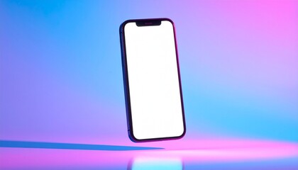 Modern Smartphone Design Floating Against a Neon Background with Blank Screen for Mockup