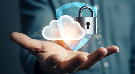 A man holds a digital cloud with a padlock and shield, representing cloud security, data protection, and cybersecurity in a modern and innovative technology concept