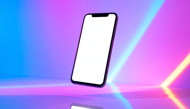 Futuristic glowing neon lights illuminate a sleek smartphone with a blank screen, showcasing modern technology and digital innovation