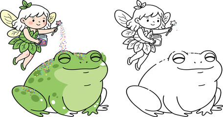 Cute Fairy Sprinkling Magic Dust on a Happy Frog, Whimsical Fantasy Scene.